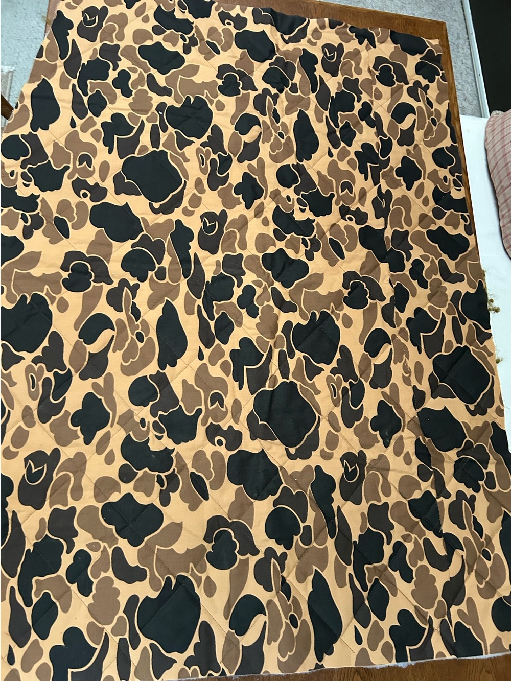 Camouflage Quilted Padded Lightweight remnant,29x44” Lined w brown silk acetate.
